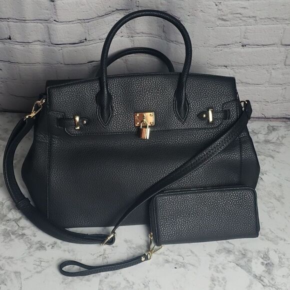 Two Tone Satchel Black Faux Leather Handbag with Decorative Lock - Picture 3 of 17